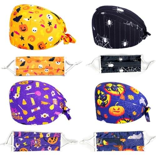 Halloween Scrub Caps with Buttons Cartoon Printed Hats Sets Cotton Sweatband Nursing Hats Beauty Salon Pet Shop Adjustable Caps