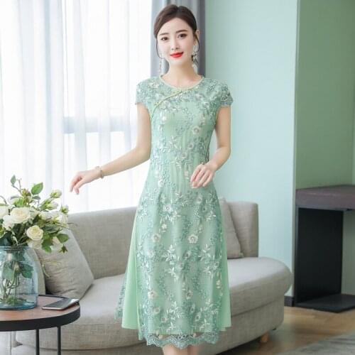 2021 chinese improved lace embroidered cheongsam aodai dress round neck vestidos elegant formal dress oriental party retro qipao