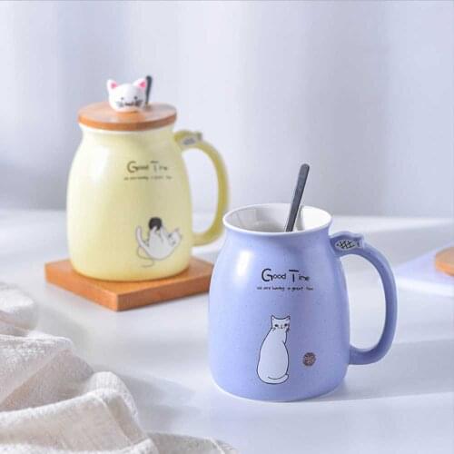 Creative Kawaii Color Cat Heat Resistant Mugs Cartoon With Lid 450ml Cup Kitten Coffee Ceramic Children Office Drinkware Gift