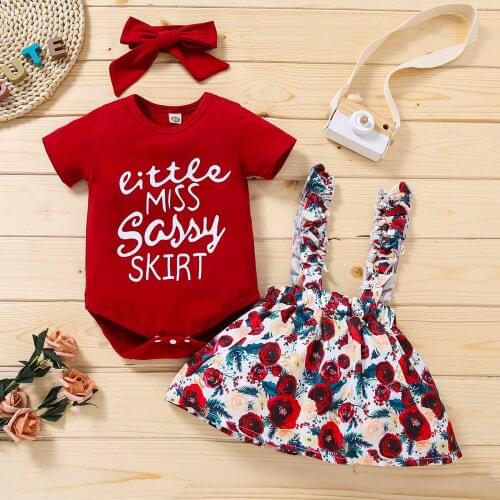 Baby Girl Summer Set 2021 Fashion Letter Short Sleeve Romper + Printed Sling Skirt + Headwear 3PCS Girls Clothes