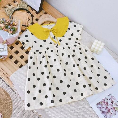 Hollead Girls Sweet Sailor Collar Dresses Toddler Kids Summer Mini Dot Princess Clothing Japanese Korean Style Dress For 1-8Y