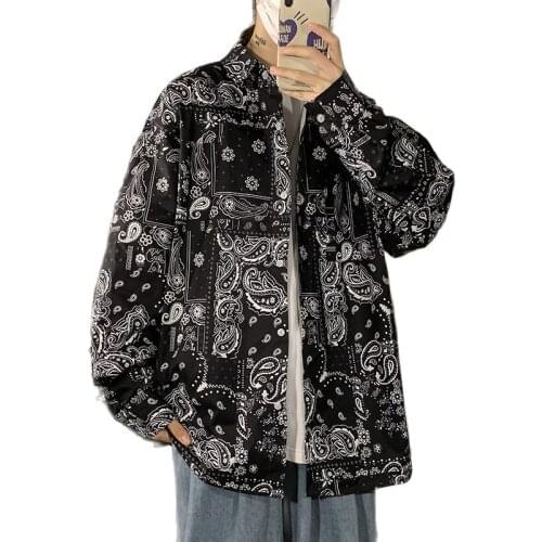 2021Spring Cashew Printed Shirts Men Long Sleeved Loose Shirt Fashion Casual Harajuku Plus Size Button Tops Coat Male Clothing 5