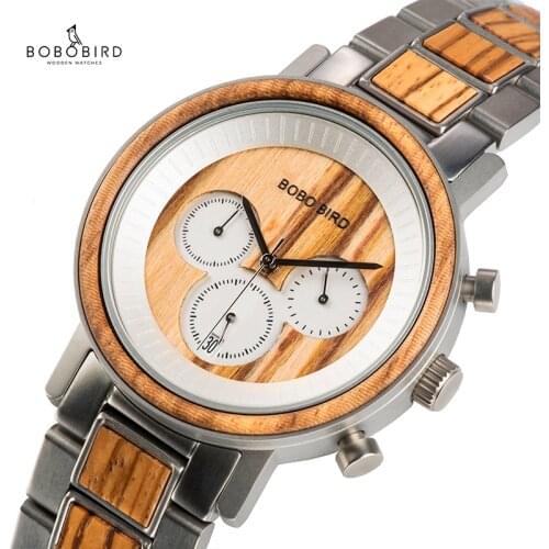 BOBO BIRD luxury Stainless Steel Wood Watches Men Chronograph Date Display Quartz Wristwatches Relogio Masculino Dropshipping