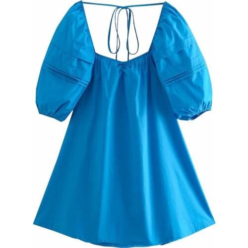 New Women Vogue Dress Vintage Short Lace-up Puff Sleeves Elegant Chic Lady Cotton Short Dresses Woman Robe