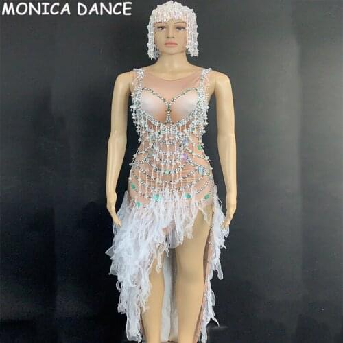 Nightclub Sexy Women Fashion Nude Tassel Crystal Bodycon Dress Party Club High Slit Singer Rhinestone Tassel Dress