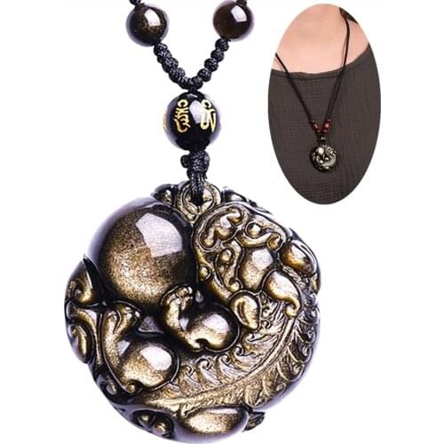 Real golden obsidian hand-carved beast bead necklace pendant, meaning what you want will be realized