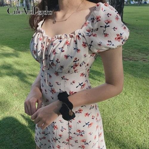 Floral Printed Vintage Women Sundress Summer Short Puff Sleeve Party Clubwear Outfits Sexy Kawaii Slim Mini Dress Cuteandpsycho