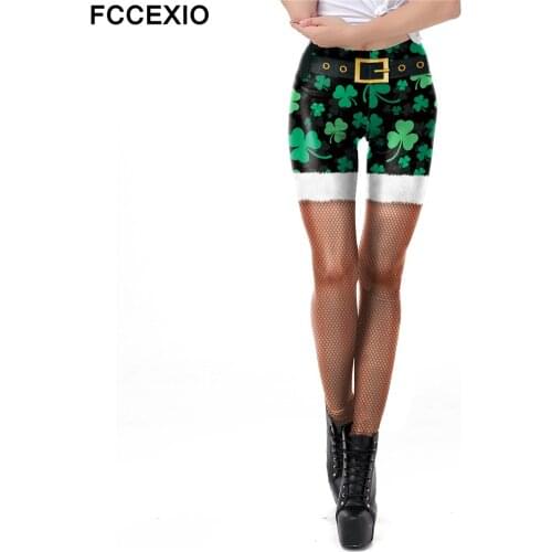 FCCEXIO Sexy Leggings Four Leaf Clover Print Women Workout Pants Elastic Fitness Skinny Pants Irish Festival Leggings For Girls