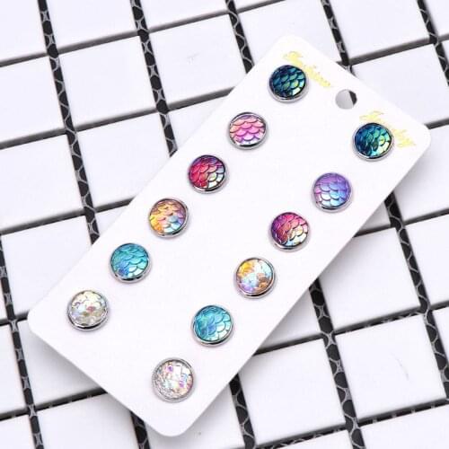 6 Pairs Beauty Fish Scale Round Crystal Assorted Stud Earrings Set Women Jewelry