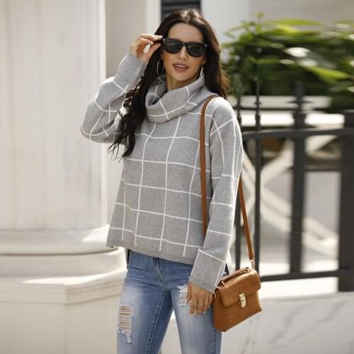 Winter Womens Turtleneck Knit Sweater Long Sleeve Pullover Woman Sweaters Plaid Elegant Slim Outwear Loose Fit Sweater Tops