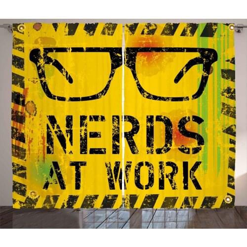 Retro Nerd Curtains Funny At Work Text and Glasses Satin Fabric Drapes for Living Room Bedroom 2 Panel Window Set