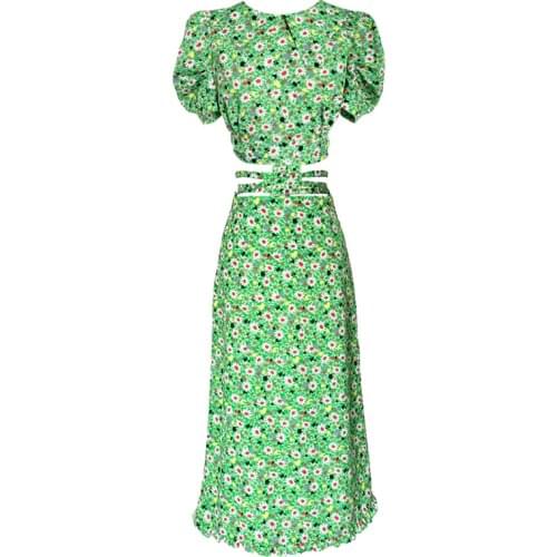 Fashion Daisy Print Fashion Collarless Sexy Top Two Piece Green Shirt High Waist Midi Skirt Elegant Clothes Women Summer 2021