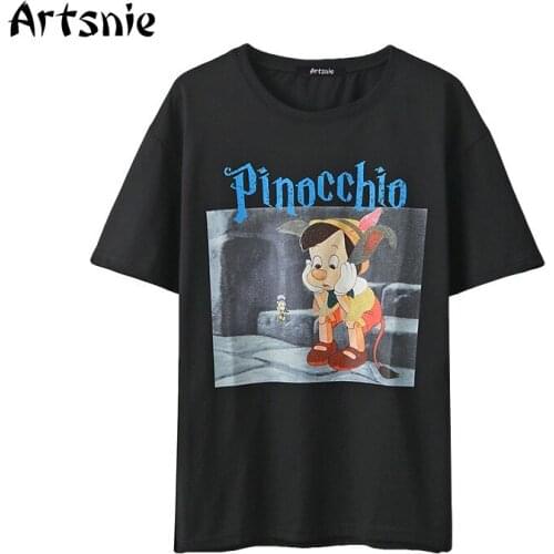 Artsnie summer 2020 cartoon black t shirt women o neck short sleeve oversized tops female sweet casual cotton t-shirts mujer