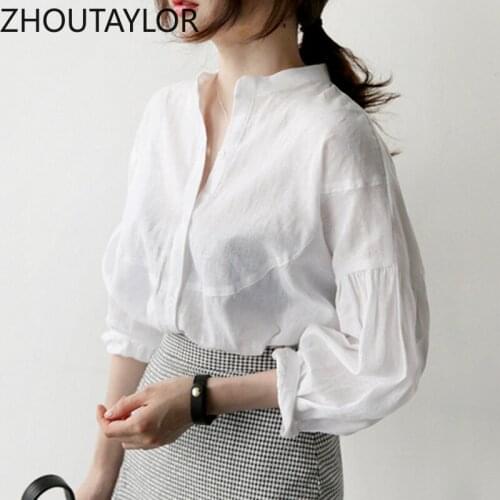 ZHOUTAYLOR Women Shirts Office Lady Three Quarter Stand Collar Lantern Sleeve Blouses Femme Single Breasted Straight Tops Female