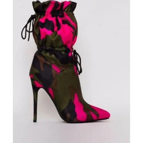 Spring/Autumn New High Heels Stilettos Fashion Camouflage Ankle Boots Shoes Woman Lace Up Sexy Night Club Boots Chic YYJ304