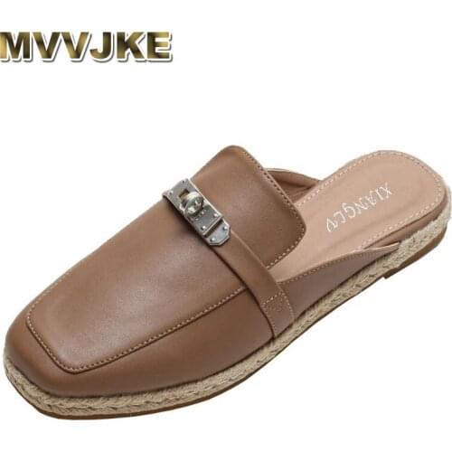 MVVJKE Fashion Summer Retro Women Shoes Summer New Flat Slippers Genuine Leather Sandals Ladies Soft Outdoor Moccasins Flip Lops