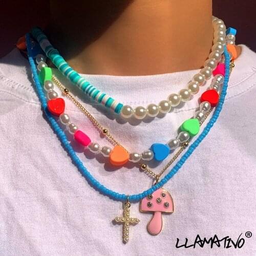 Boho Multi-layer Cross Pearl Colorful Heart Beaded Necklace For Women Mushroom Soft Clay Seed Beads Choker Necklaces New Jewelry