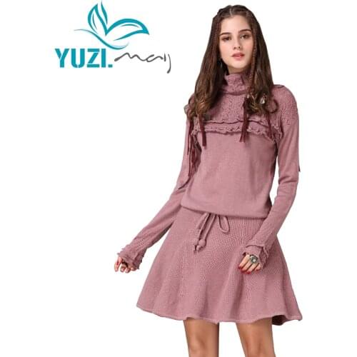 Winter Dress For Women 2017 Yuzi.may Boho New Cotton Wool Vestidos Turtleneck Ruffles String Waist A-line Women Dresses A82075