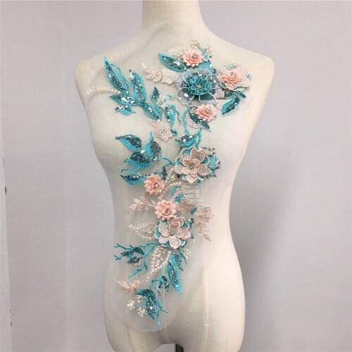 1pcs exquisite pearl beaded 3d flower lace applique with sequins embroidery mesh sewing fabric trim for evening dress,cloth