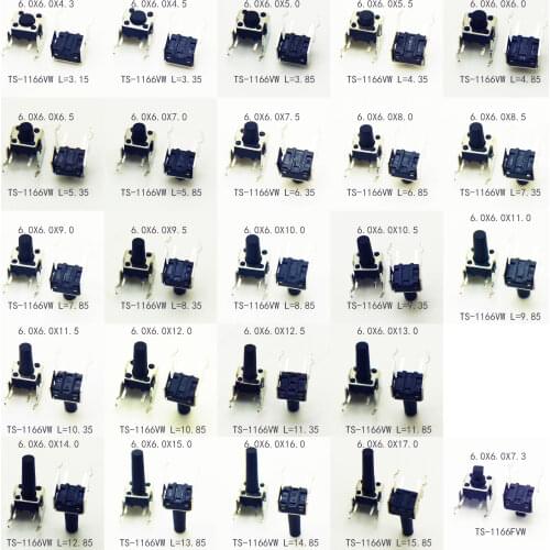 1000PCS 6X6 H=4.3/4.5/5/5.5/6.5/7MM Series Micro Push Button Switch 90Degree Horizontal Type Momentary Tact Switch with Stand