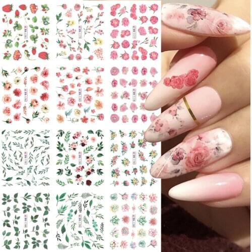12pcs Pink Roses Watermark Nails Sticker Blossom Plant Green Tree Leaf Flower Slider For Spring Manicure DIY Decal BEBN1777-1788