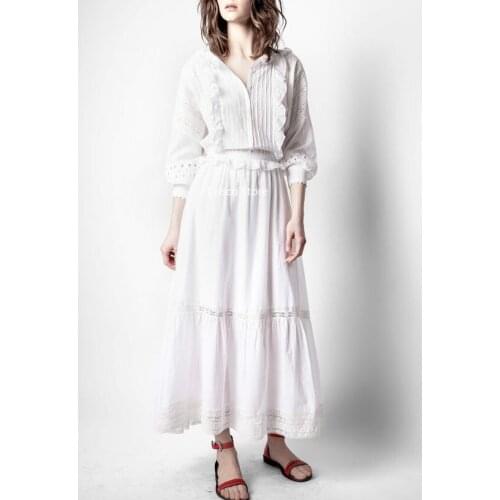 2021 Spring and Summer 100% Cotton Exquisite Embroidery Lace Trimming Cotton Elastic Waist Ruffled White Long Dress