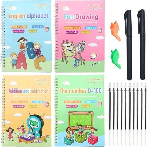 4 Pcs/set Magic Copybooks Reusable Groove Picture English Number Lettering Magic Practice Books for Childrens cute Stationary