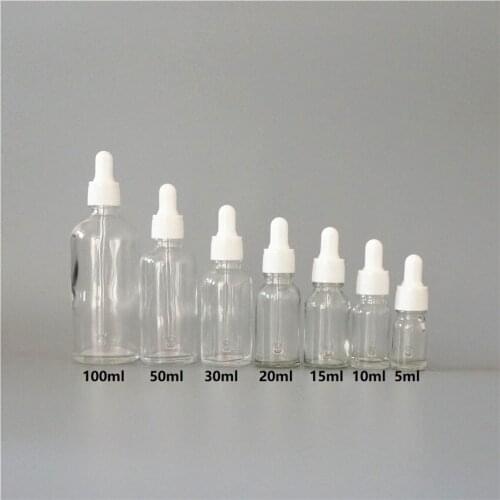 5/10/15/20/30/50/100ml Empty Reusable Clear Essential Oil Bottle with White Rubber Head Dropper Cap Cosmetic Portable Containers