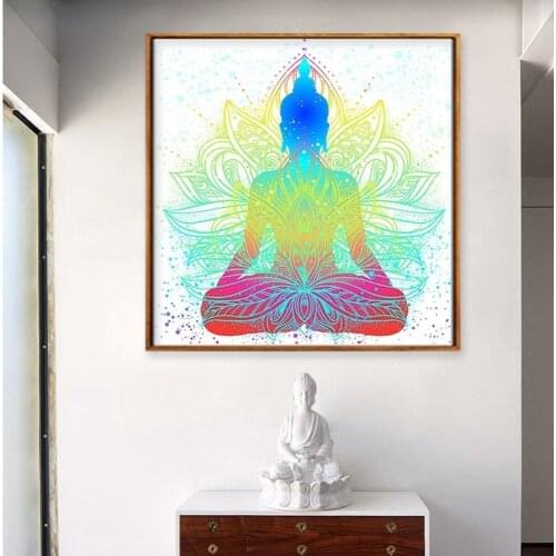 Abstract Color Lotus Buddha Statue Canvas Painting Zen Buddhist Meditation Poster Living Room Porch Wall Art Pictures Home Decor