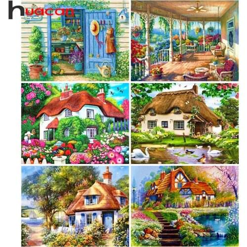 Huacan Diamond Art Painting House Scenery Mosaic Embroidery Garden Flower Landscape Home Decor Diamond Art