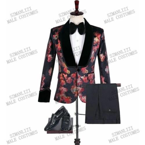 Velvet Floral Smoking Jacket Men Suits for Wedding Groom Tuxedos Costume Homme Prom Party Slim Fit Trajes de hombre Groomsmen