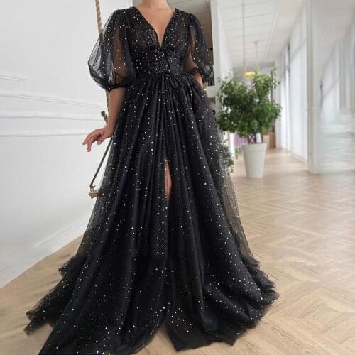 Sparkly Black Starry Tulle Long Slit Prom Dresses Shiny Princess V-Neck Half Puff Sleeves Evening Dresses Vestido De Festa 2021