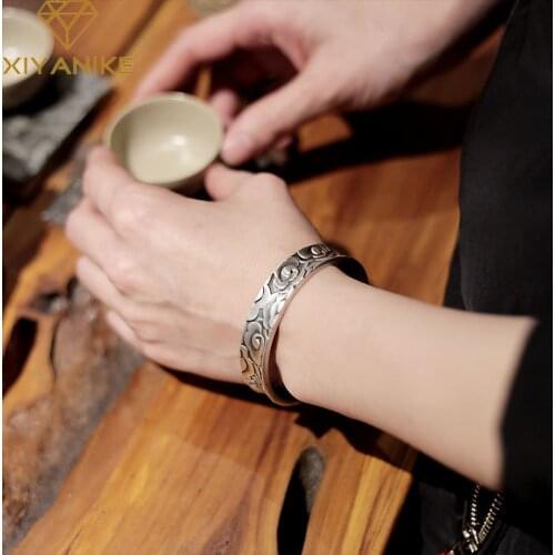 XIYANIKE 925 Sterling Silver Lotus Auspicious Cloud Heart Sutra Carved Handmade Width Bangles For Men Fashion Retro Jewelry Gift