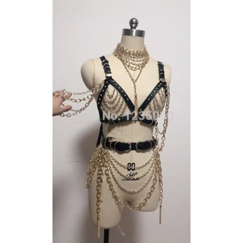 2021 Women Sexy Gold Chains Costume Outfit Stage Performance Nightclub show Bra Chains Short