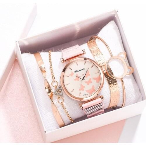 2020 New Alloy Mesh Strap Magnet Buckle Woman Watch Lady Simple Casual Bracelet Set Watch Lady Butterfly Dial Quartz Watch