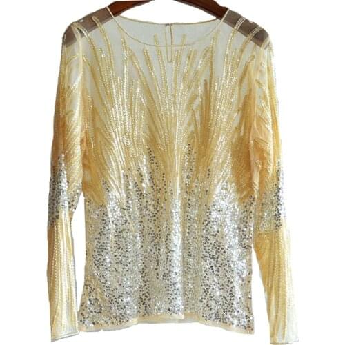 Summer Spring Fashion Elegant Women Golden Sequins Full Sleeve Blouse Shirt , Female Woman Glitter Embroidery Blouses Shirts