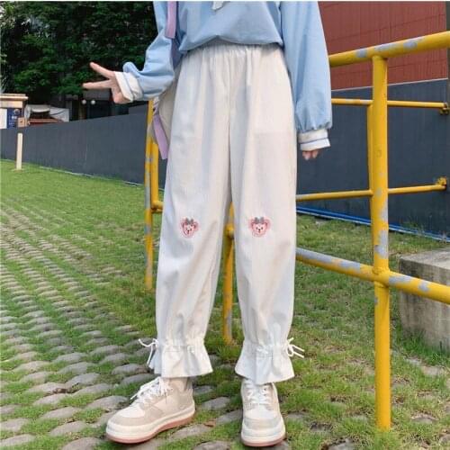 Cute Kawaii Harajuku Teen Girls Loose Bear Embroidery Wild Leg Baggy Pants y2k Japanese Casual Female Sweet Sweatpants Trousers