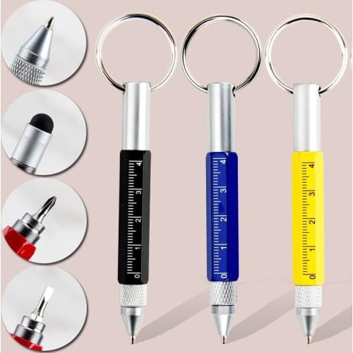 Multifunction 6 in 1 Tool Pens Small Ballpoint Rotating Metal Pens Screwdriver Hexagonal Touch Screen Carabiner Scale Keychain