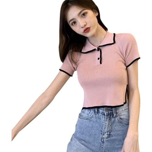 Fashion Women Turn-down Collar Button Top t-shirts Woman Short Sleeve Casual slim T shirt Sweet Girls Knit Short Top