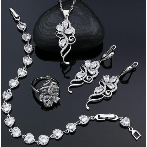 925 Sterling Silver Bridal Wedding Jewelry Sets For Women White Cubic Zirconia Earrings Pendant Necklace Ring Bracelet Set