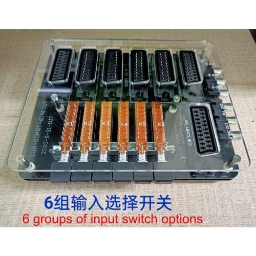 New 6 In 1 Out Acrylic Case Video Mini Scart Distributor Converter EUR Manual Switcher Adapter RCA SVHS AV TV Audio Divide