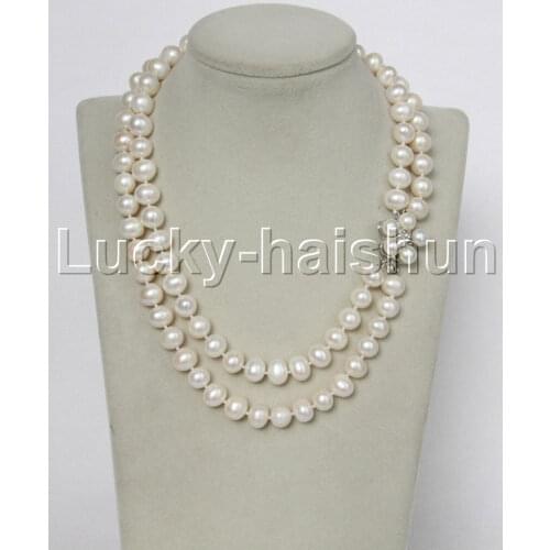 Genuine 17" 2row 10mm round white freshwater pearls Strand necklace pearls clasp j12337