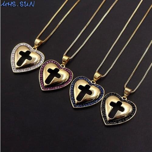 MHS.SUN New arrival heart design with cross pendant necklace charm zircon jewelry for women chain necklace birthday gift 1pc