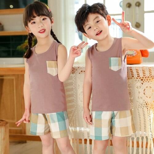 Boys Girls Pyjamas Set Vest Shorts Childrens Clothing Sets Kids Summer Sleeveless Pajamas Cotton Sleepwears For 2 4 6 8 9 Years