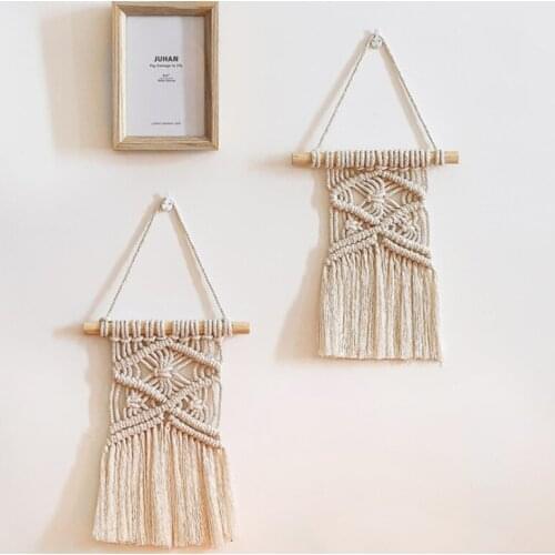P15D Nordic Hand-woven Bohemian Tapestry with Tassel Mural Wooden Stick Wall Hanging Decor Cotton Decorative for Living Room