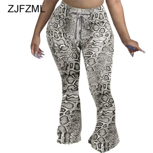 High Waist Elastic Vintage Party Sweatpant Women Sexy Snake Skin Print Bell Bottom Pants Casual Drawstring Skinny Fitness Bottom