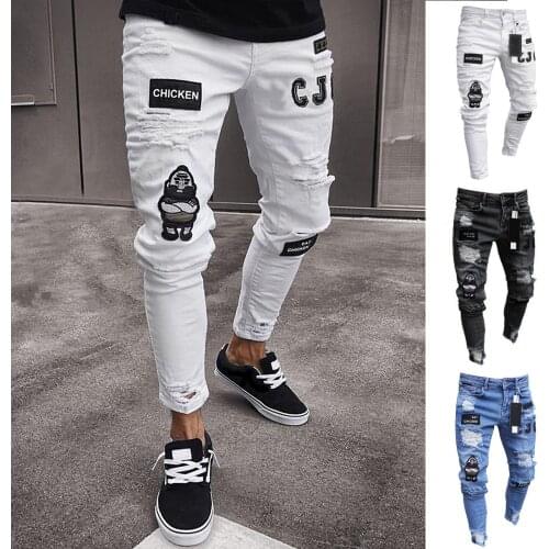 Stylish Men Jeans Badge Ripped Hole Pockets Skinny Jeans Stretchy Tights Denim Pants men Clothing Street wear мужские комплекты