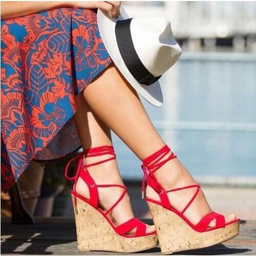 Drop Shipping Woman Red Suede Cross Tied Platform Wedge Sandals Girls Cuts Out Lace Up High Heel Casual Sandals Shoes