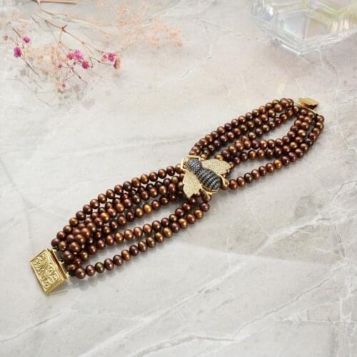 8'' 7 Strands Brown Pearl CZ Beetle Bracelet Women Lady Fashion Jewelry