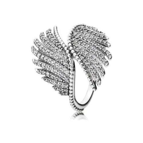 Authentic 925 Sterling Silver Pandora Ring Feather and Crystal Ring for Women Wedding Reception Gift